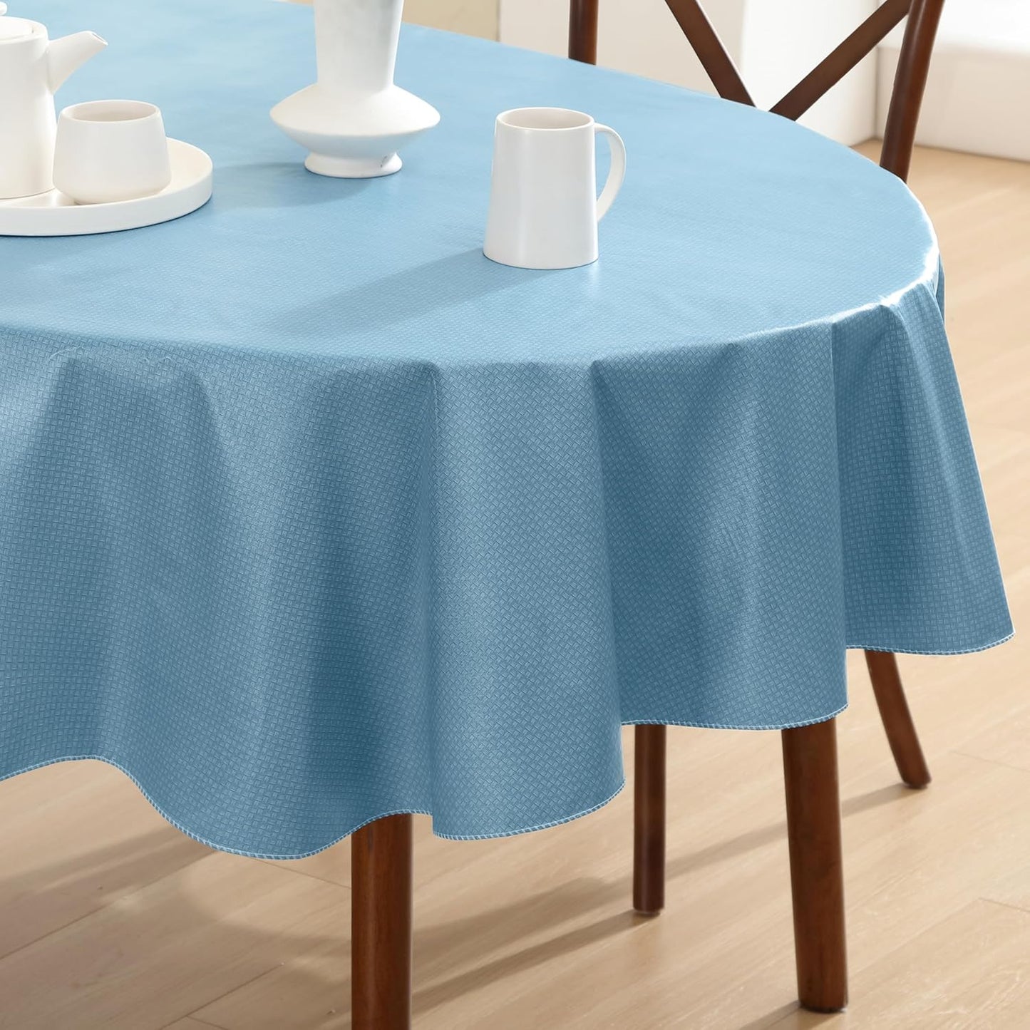 Newbridge Basketweave Vinyl Flannel Backed Tablecloth, 60 x 84 Inch Oval, Blue, Basket Weave Textured Indoor Outdoor Waterproof Table Cover for Patio, Kitchen, Dining