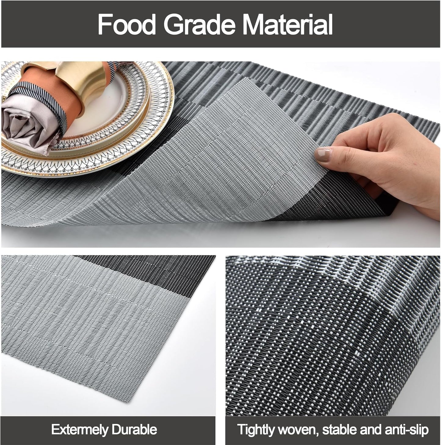 SLKQG Placemats Set of 6 - Easy Clean Washable Vinyl Placemats - Heat Resistant PVC Place Mats for Dining Table (Black and Gray, 6)