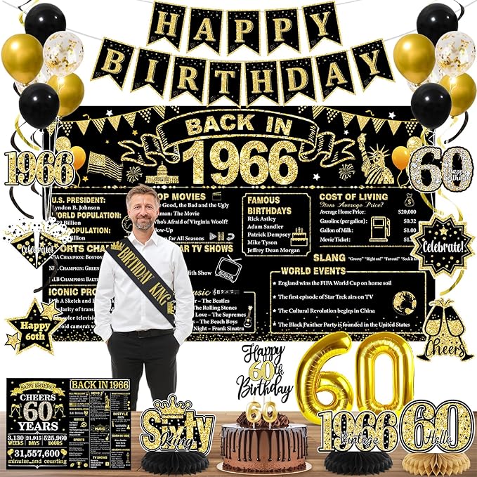 60th Birthday Decorations for Men, Black Gold Back in 1966 Party Supplies with Banner, Backdrop, Sash, Balloons, Cake Topper, Honeycomb Centerpieces, Happy 60th Birthday Decorations Kit