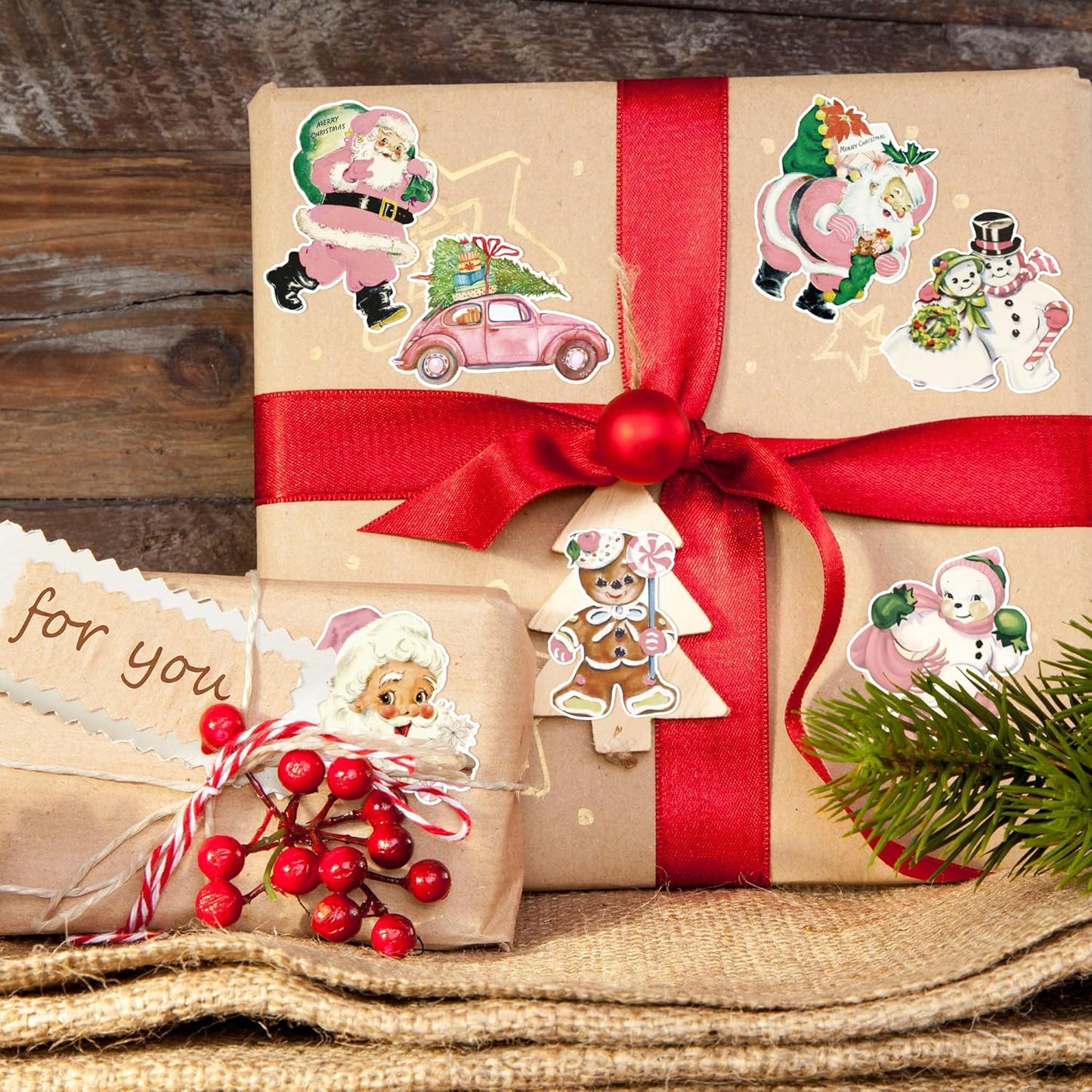 Vintage Pink Christmas Stickers - 1000pcs Winter Cartoon Retro Christmas Sticker Rolls Pink Victorian Santa Claus Elk Snowman Gingerbread Decorative Decals Xmas Holiday Party Decorations