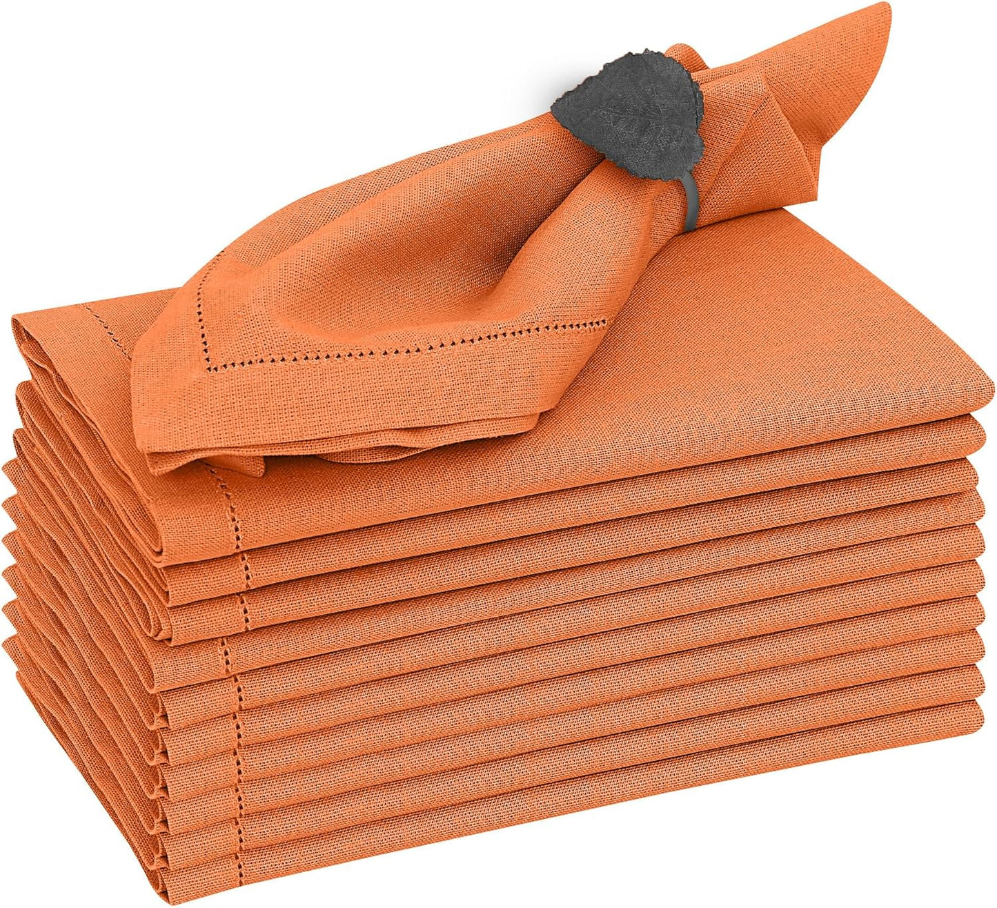 Ruvanti Premium Linen Napkins Set of 12-20x20 Inch, Classic Hemstitch, Mitered Corner Cloth Napkins - Soft, Elegant Dinner Napkins Cloth Washable for Weddings, Parties, Everyday Use - Fall/Orange