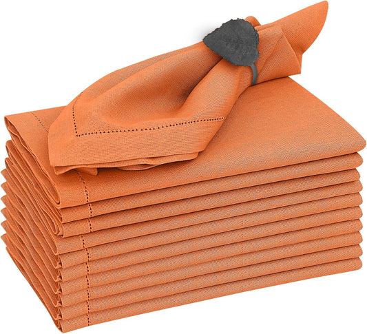 Ruvanti Premium Linen Napkins Set of 12-20x20 Inch, Classic Hemstitch, Mitered Corner Cloth Napkins - Soft, Elegant Dinner Napkins Cloth Washable for Weddings, Parties, Everyday Use - Fall/Orange