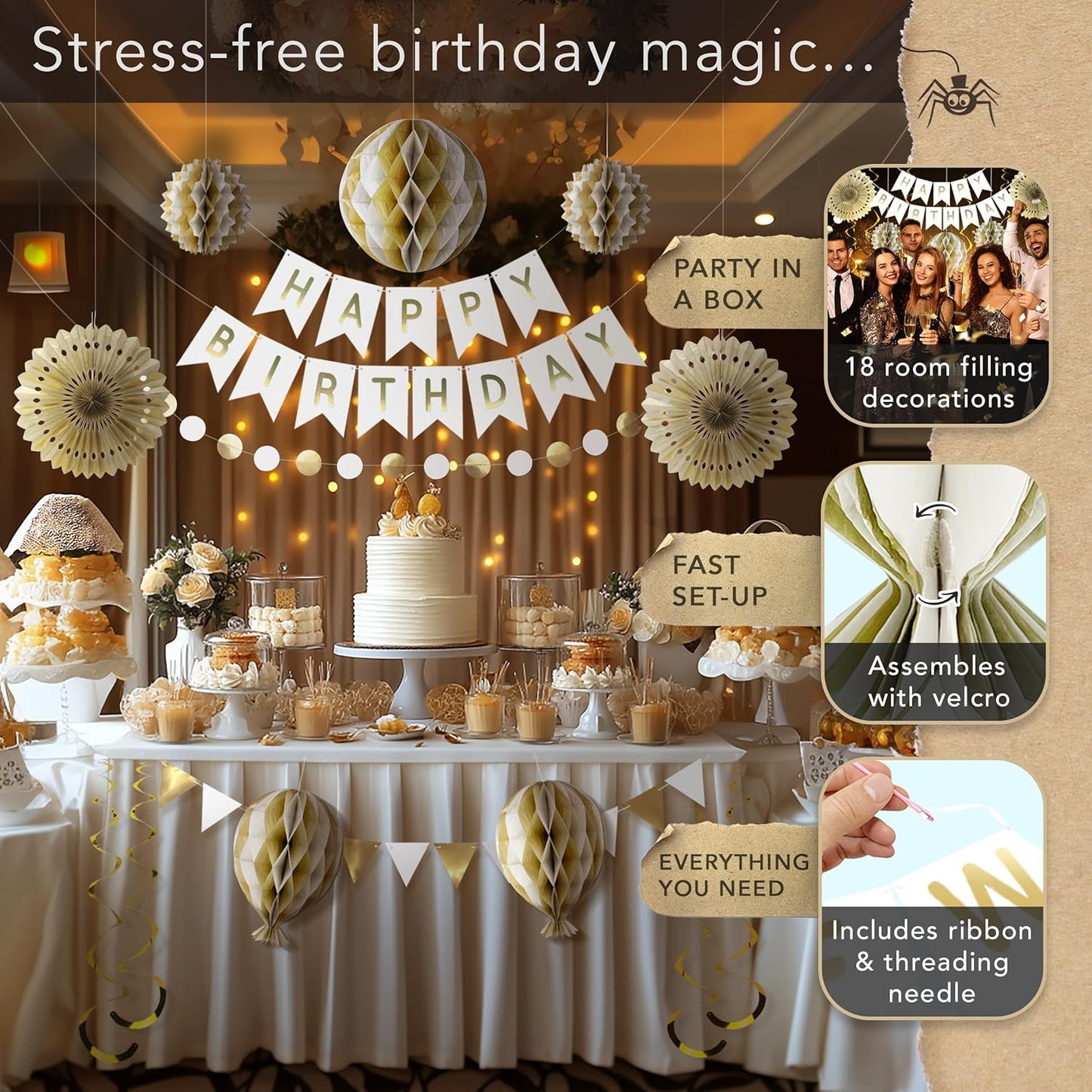 Premium Reusable - White and Gold Birthday Decorations for Women & Men - Multi-occasion Banner, Pennant Banner, Paper Fans - Party Decor by Itsy Bitsy Party Co