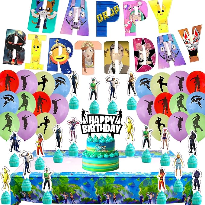 Gaming Birthday Decoration Supplies, Video Game Banner, Tablecloth, Balloons, Toppers