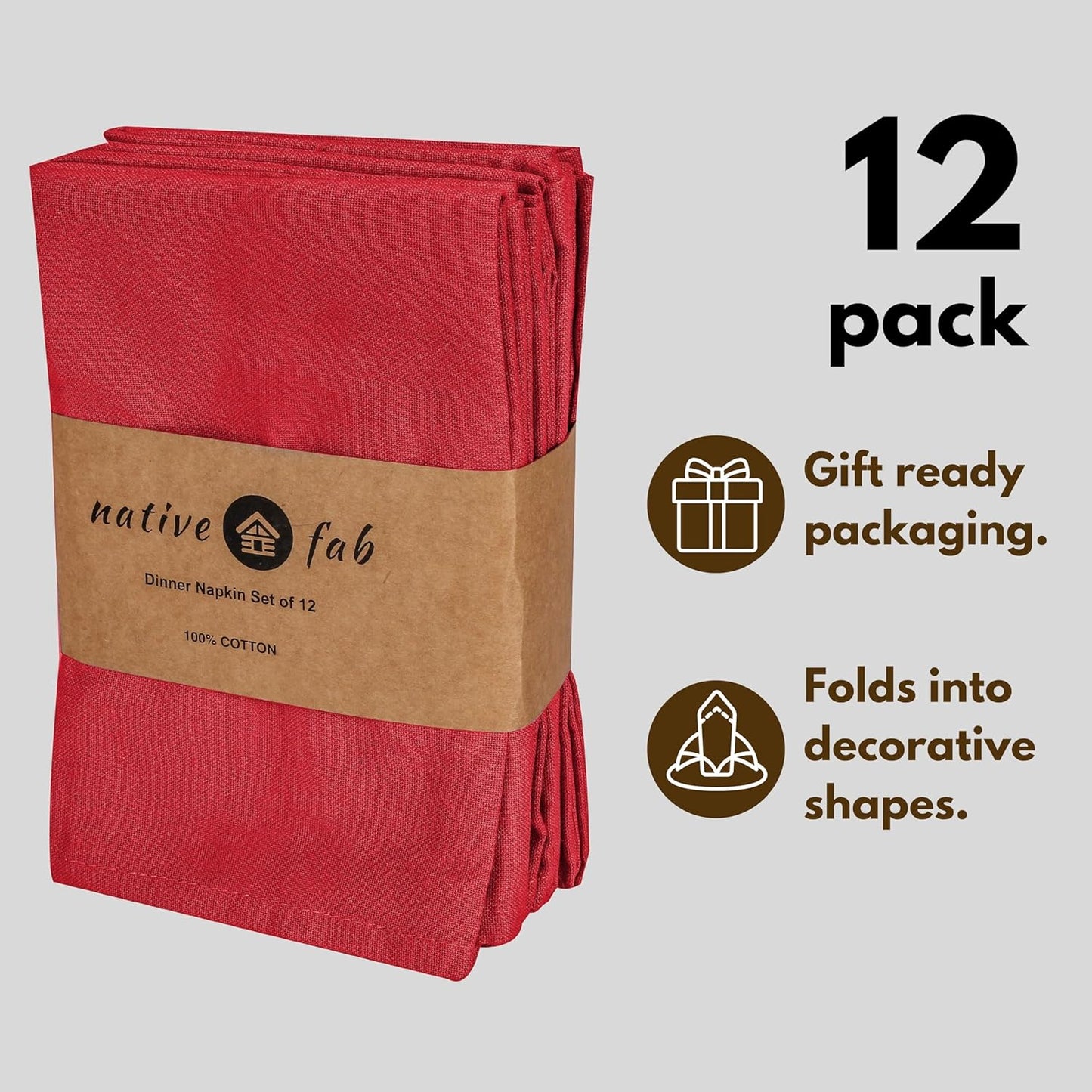 Native Fab Cloth Napkin Set of 12, 100% Cotton, Washable, Reusable Dinner Cloth Napkin 17x17 inches, Table Decor Napkins for Dinner, Events, Red