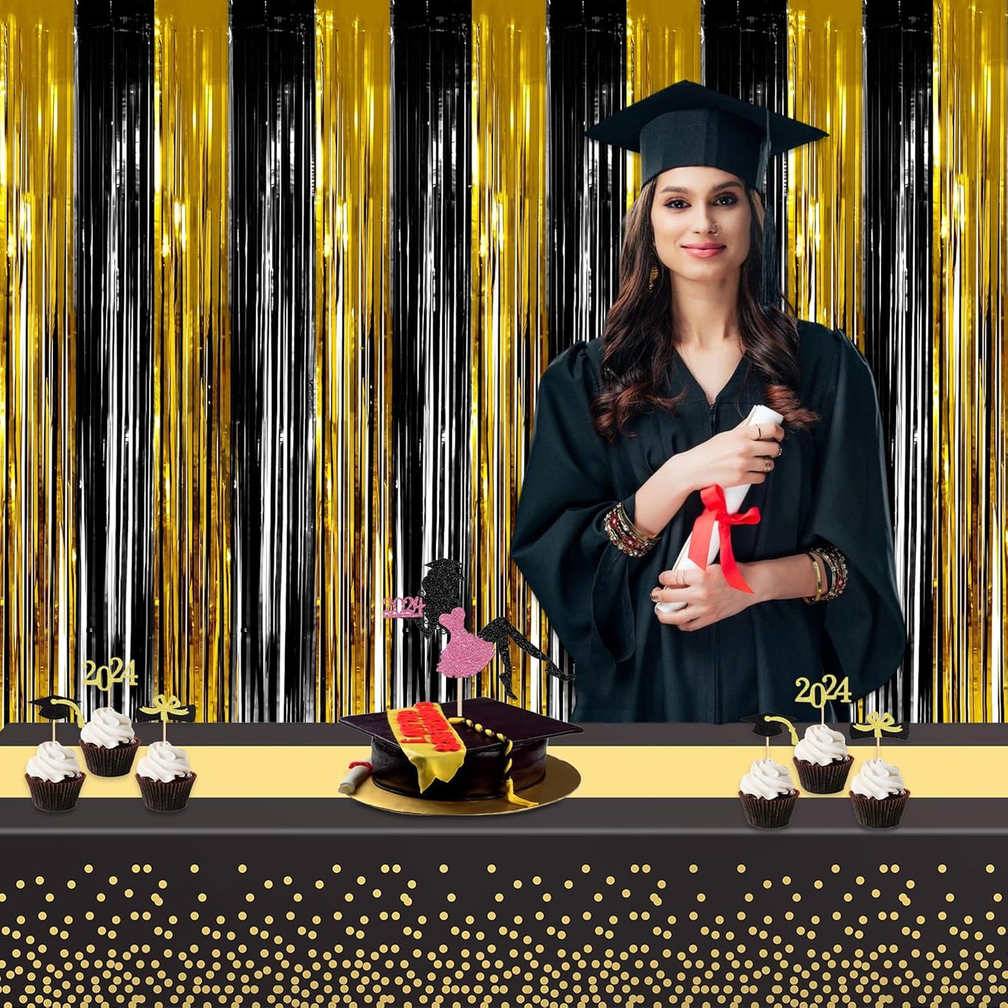 GREATRIL Black Gold Party Table Covers Tablecloth for Graduations/New Years Eve/Ceremony/Birthdays Decorations Rectangle Tablecover 54'' x 108'' - 2 Packs