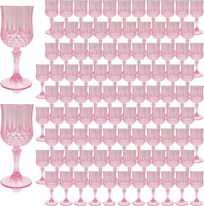 Plastic Wine Glasses, Plastic Goblets Vintage Style Cordial Unbreakable Drinking Glasses, Reusable Drinkware for Wedding Reception, Grand Event Party Supplies, Easter (100, Pink)
