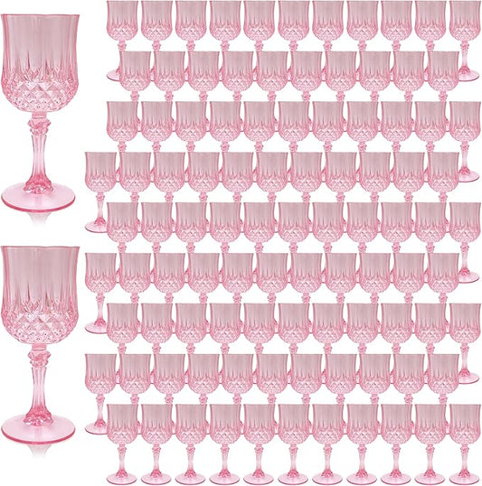 Plastic Wine Glasses, Plastic Goblets Vintage Style Cordial Unbreakable Drinking Glasses, Reusable Drinkware for Wedding Reception, Grand Event Party Supplies, Easter (100, Pink)