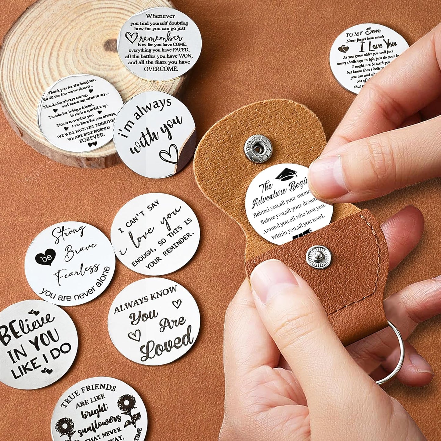 OUMILAN Pocket Hug Token Gifts for Men Boyfriend Girlfriend Inspirational Gift for Son Daughter Brother with Leather Keychain