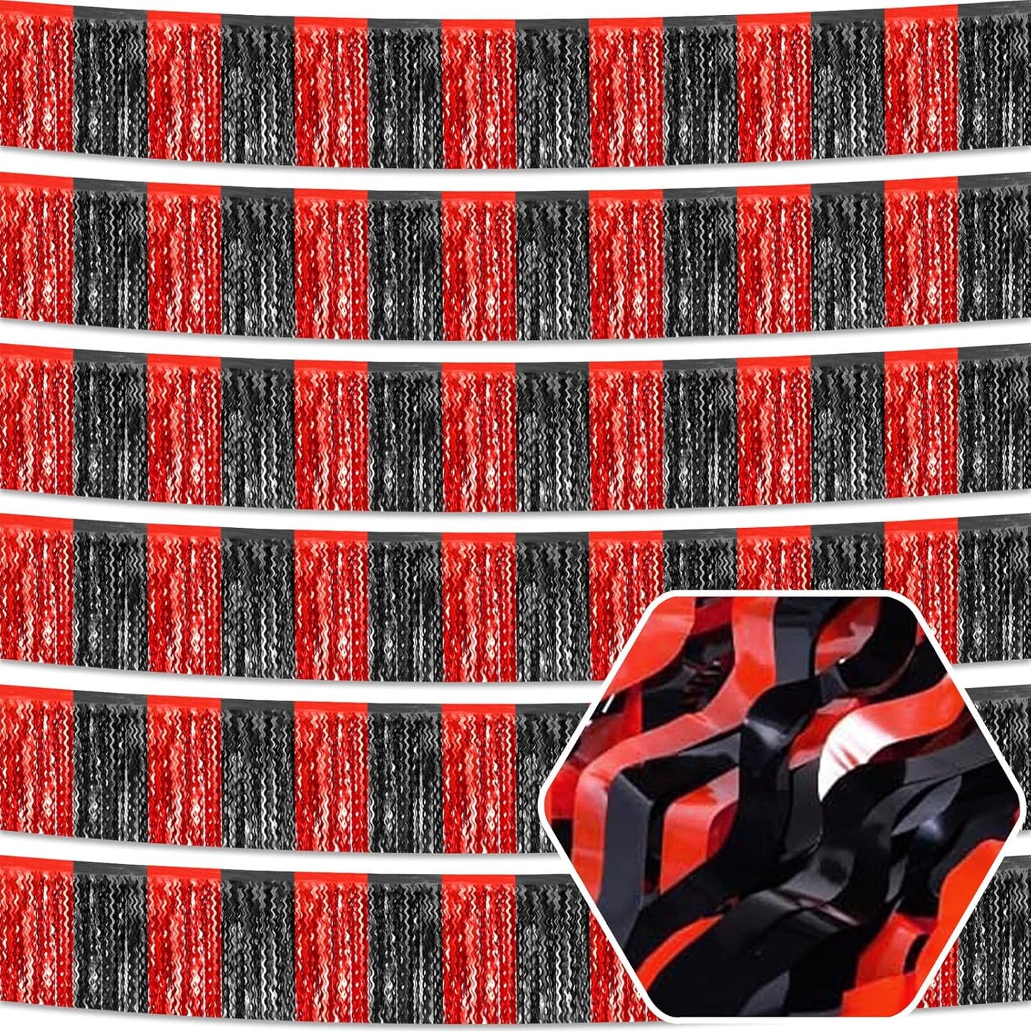 6 Pack 10 Feet Black Red Wave Foil Fringe Garland Metallic Tinsel Streamers Banner Wall Hanging Curtain Backdrop for Parade Floats, Mother's Day, Easter, Wedding, Birthday Party Decoration