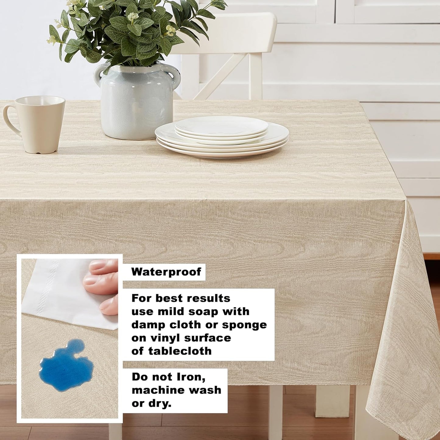 Newbridge Vinyl Flannel Backed Tablecloth, 52 x 70 Inch Rectangle, Taupe Moire Wavy Solid Design, Heavyweight Indoor Outdoor Waterproof Table Cover, Easy Care Wipe Clean