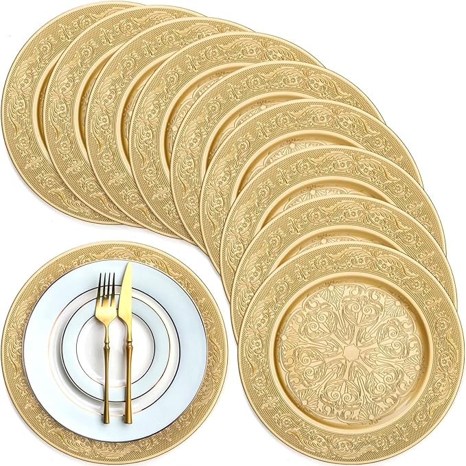 12 Pack Gold Charger Plates, 13 Inch Gold Round Chargers for Dinner Plates, Decorative Dinner Chargers, Antique Plastic Table Charger and Service Plates for Wedding Holiday Party