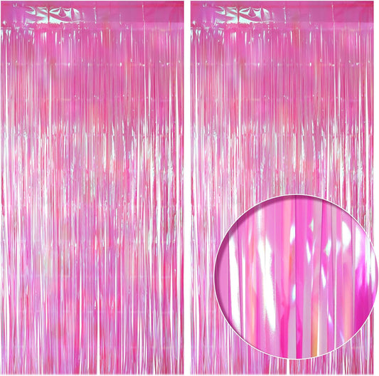 2 Pack Hot Pink Iridescent Streamers Backdrop, 3.3x6.6ft Foil Fringe Curtains Holographic Door Tinsel Streamers Photo Booth Prop for Birthday, Wedding, Holiday, Bachelorette, Theme Party Decorations