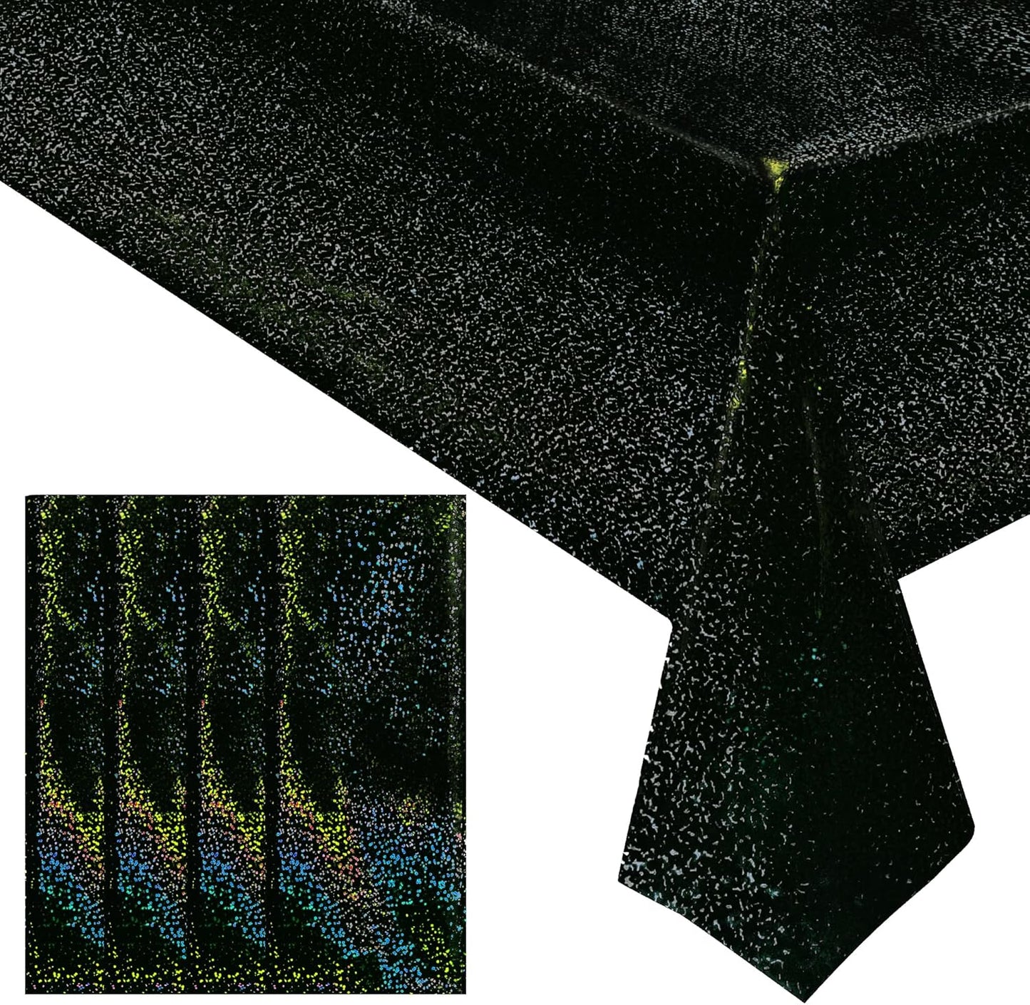 4 Pcs Black Holographic Laser Tablecloth Galaxy Space Table Cloth 40 * 108 Inch Shimmer Star TableCover for Halloween Birthday Graduation Neon Party Supplies Disposable Plastic Foil Table Decor