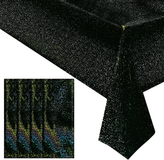 4 Pcs Black Holographic Laser Tablecloth Galaxy Space Table Cloth 40 * 108 Inch Shimmer Star TableCover for Halloween Birthday Graduation Neon Party Supplies Disposable Plastic Foil Table Decor