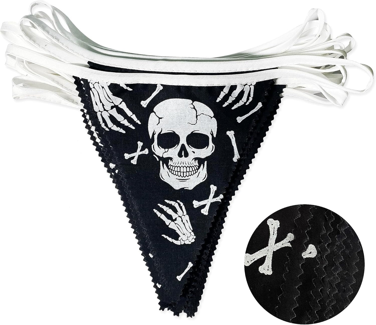 32Ft Black White Halloween Party Decorations Skull Fabric Pennant Pirate Banner Triangle Flag Bunting Garland Streamers for Halloween Pirate Birthday Jolly Roger Wedding Home Outdoor Party Supplies