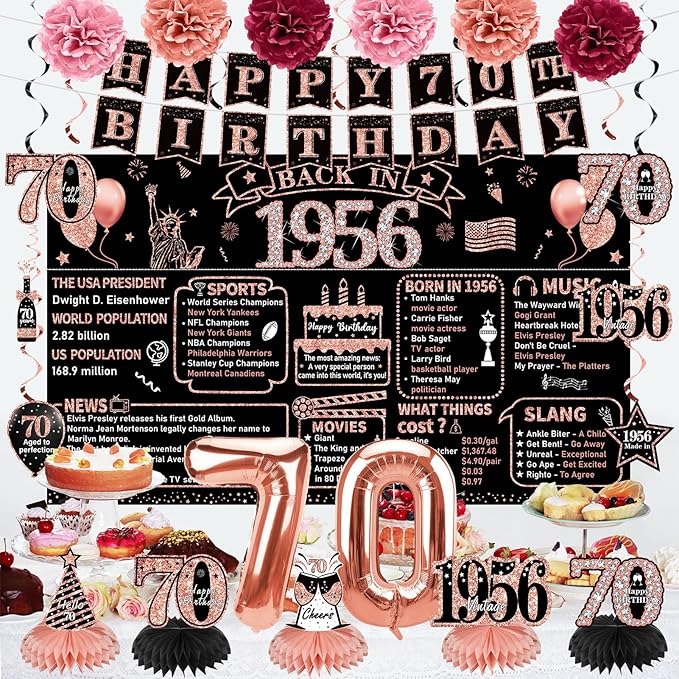 Zirtorei 70th Birthday Decorations for Women, 21pcs the Year 1956 Banner Balloon Party Supplies, Rose Gold 70 Year Old Birthday Backdrop, 70 Bday Honeycomb Centerpiece Hanging Swirls Sash Gifts
