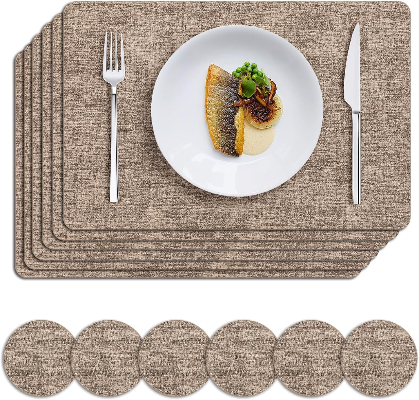MOSAYT Faux Leather Placemats Set of 6, Heat Resistant Wipeable Washable Vinyl Place Mats with Coasters, Waterproof Oil Proof Table Mats for Kitchen Dining Party Indoor Outdoor, 12" x 18", Khaki