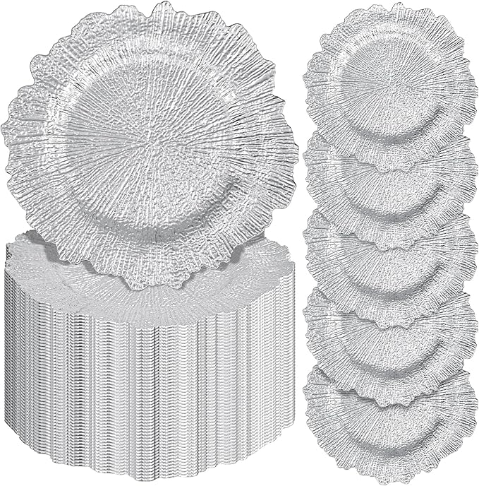 Pesonlook 50Pcs Silver Charger Plates Round 13inch, Reef Plate Chargers for Dinner, Bulk Plastic Floral Table Charger Plates for Dinner Wedding Party Event Table Setting Decoration(Silver)