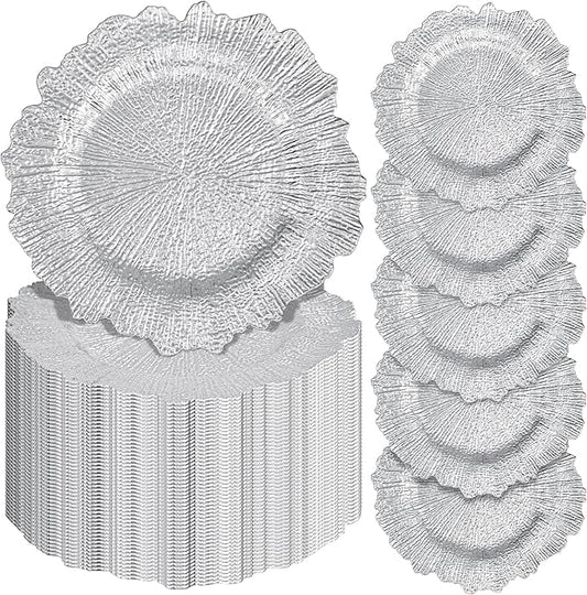 Pesonlook 50Pcs Silver Charger Plates Round 13inch, Reef Plate Chargers for Dinner, Bulk Plastic Floral Table Charger Plates for Dinner Wedding Party Event Table Setting Decoration(Silver)