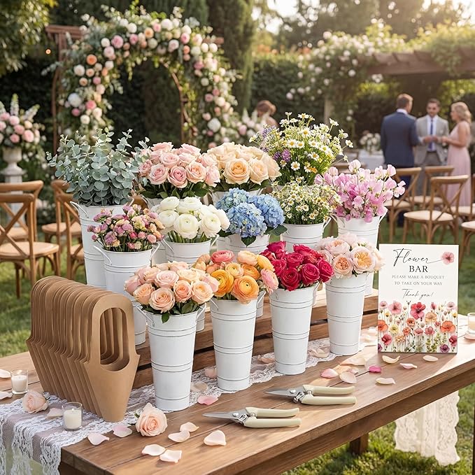 LEIFIDE 45 Pcs Flower Bar Buckets Set Kit Bloom Bar Supplies Include Wood Sign Gift Bags Iron Bucket Garden Flower Shears for Valentine Days Wedding Bridal Shower Table Centerpieces (White)