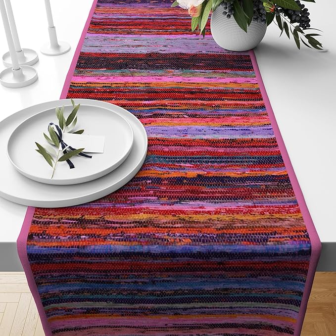 Trade Star Reversible Table Placemat Designed Area Rug Runner Handloomed Table Runner Perfectly Colorful Rug Runner Decorative Upcycled Fabric Premium Quality Highly Durable (Pink)