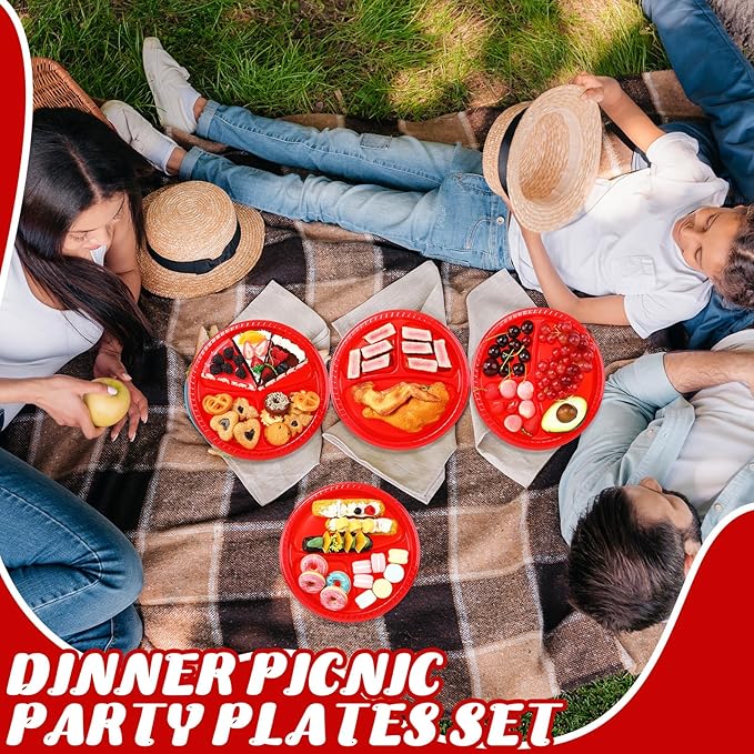 50 Pcs 10 Inch Plastic 3 Compartment Divided Plates Heavy Disposable Plates Duty Round Dinner Plates with Dividers for Wedding Birthday Party Dinnerware(Red)