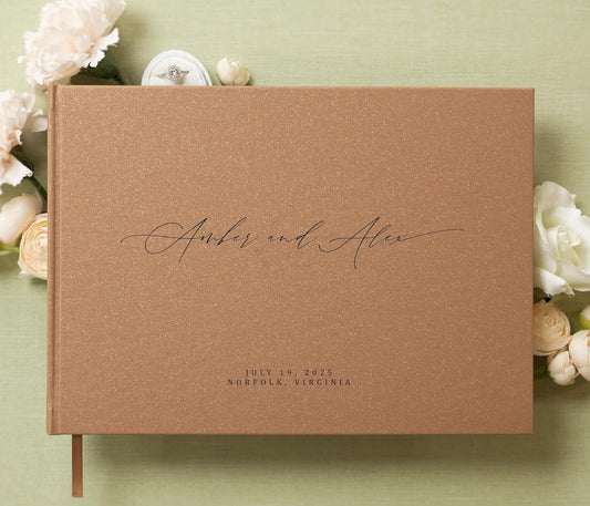 MUUJEE Personalized Guestbook in Bronze Shimmer - Premium Custom Modern Guest Book for Wedding Reception, Birthday Party or Events w/Bookmark Blank Pages for Signing 11.5 x 8.5 inches