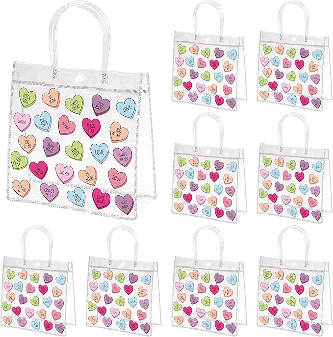 H1vojoxo Valentine's Day Gift Bags - 24PCS Valentine's Day Clear Gift Bags with Handle Clear PVC Valentines Party Favor Bag Plastic Valentine Conversation Heart Candy Treat Goodie Bag for Party Supply