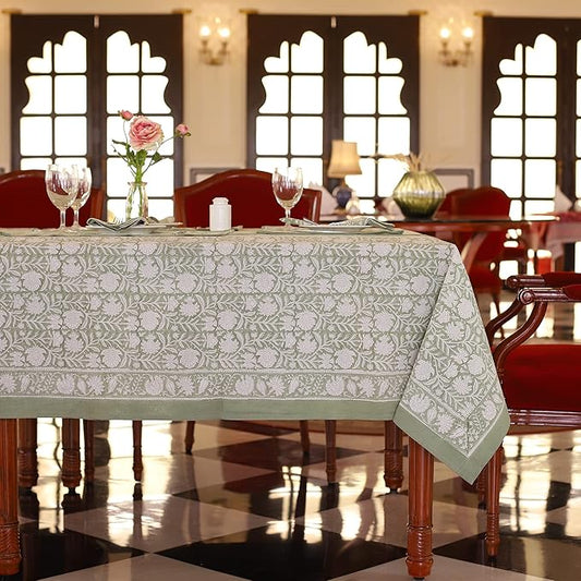 Labhanshi Indian Block Print Pre-Washed Cotton Floral 72x108 Inch Rectangle 8-Seater Table Cloth|Kitchen Dining Table Top Cover|Boho Rustic St. Patrick Spring Easter Table Cloth|Sage Green