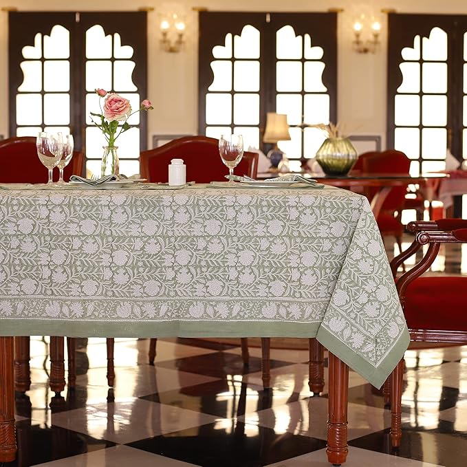 Labhanshi Indian Handblock Print Table Cloth|Cotton Floral 72x135 Inch Rectangle 10-Seater Rustic St. Patrick Spring Easter Decoration Table Top Cloth|Baby Shower Birthday Party Decor |Sage Green