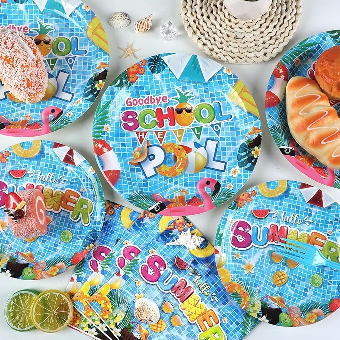OBUSATT 96 Pcs Goodbye School Hello Pool Party Supplies Summer Beach Paper Plates Napkins Summer Vacation Dinnerware Party Decorations Favor for End of School Year Serves 24