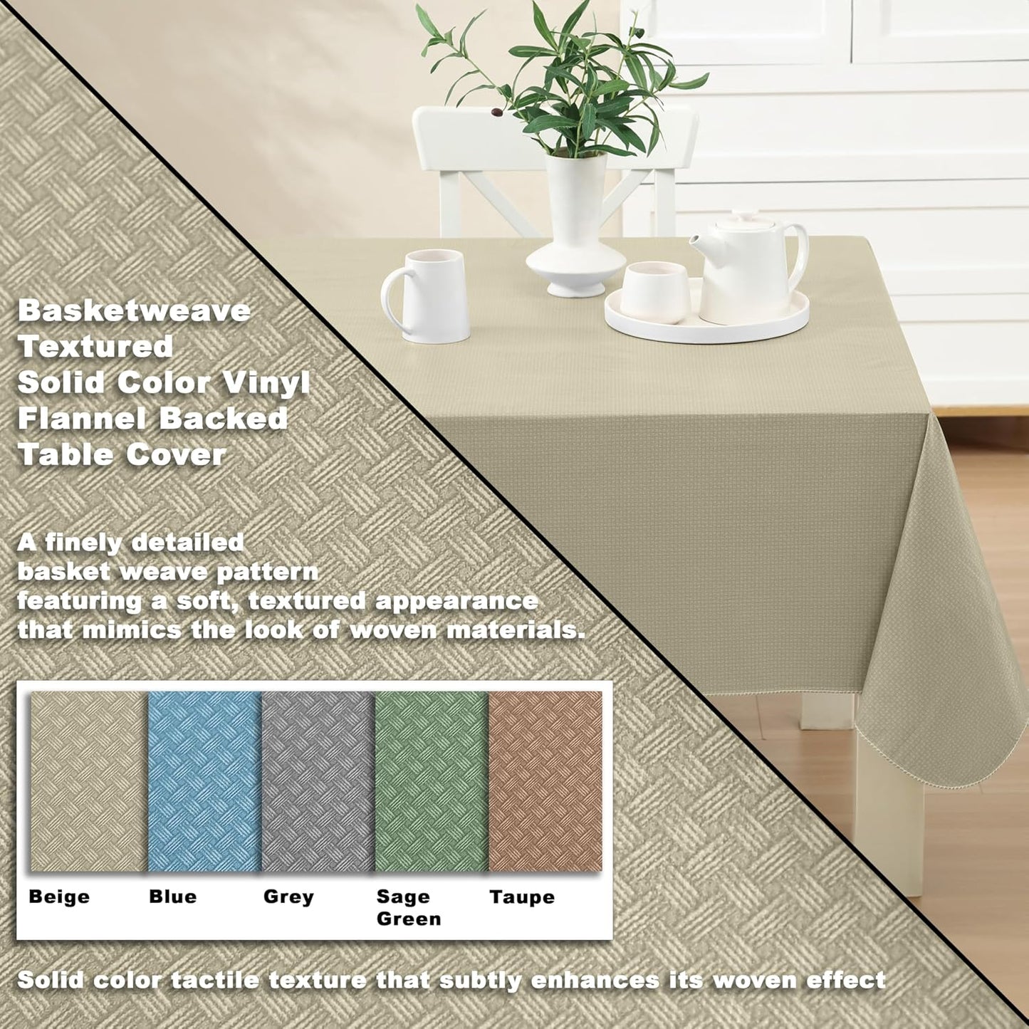 Newbridge Basketweave Vinyl Flannel Backed Tablecloth, 52 x 52 Inch Square, Natural, Basket Weave Textured Indoor Outdoor Waterproof Table Cover for Patio, Kitchen, Dining