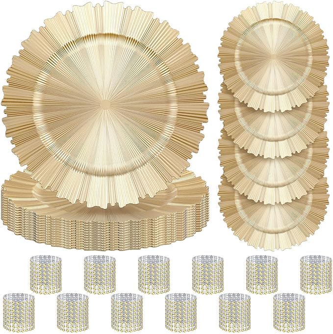 Tanlade 12 Set Light Gold Charger Plates Bulk with Napkin Rings Plastic 13" Plate Charger Fluted Edge Wedding Decoration for Table Wedding Party Event(Gear)