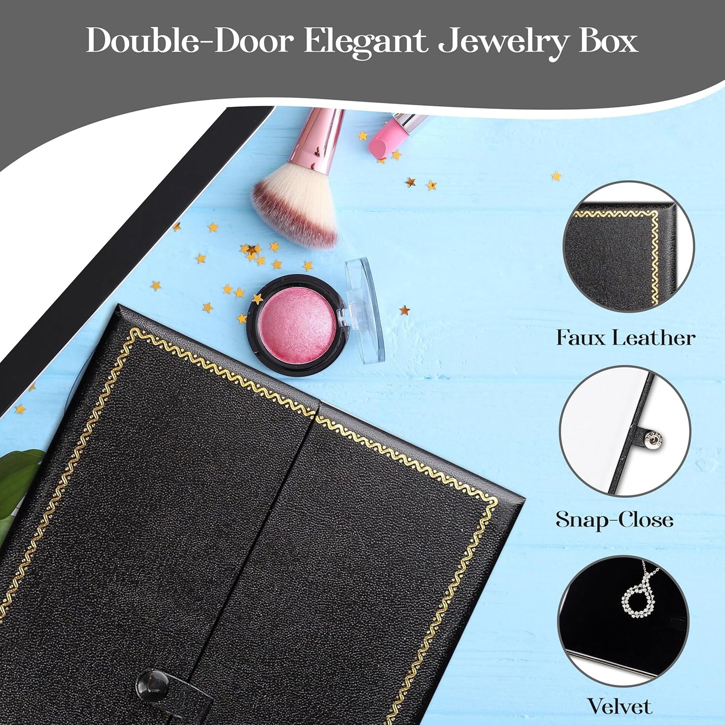 Novel Box Two-Door Black Jewelry Box for Ring Earring Bracelet & Necklace Combination 5.75x8.25x1.25 Inches - Faux Leatherette Boxes Gift Presentation with Gold Trim for Wedding & Special Occasions