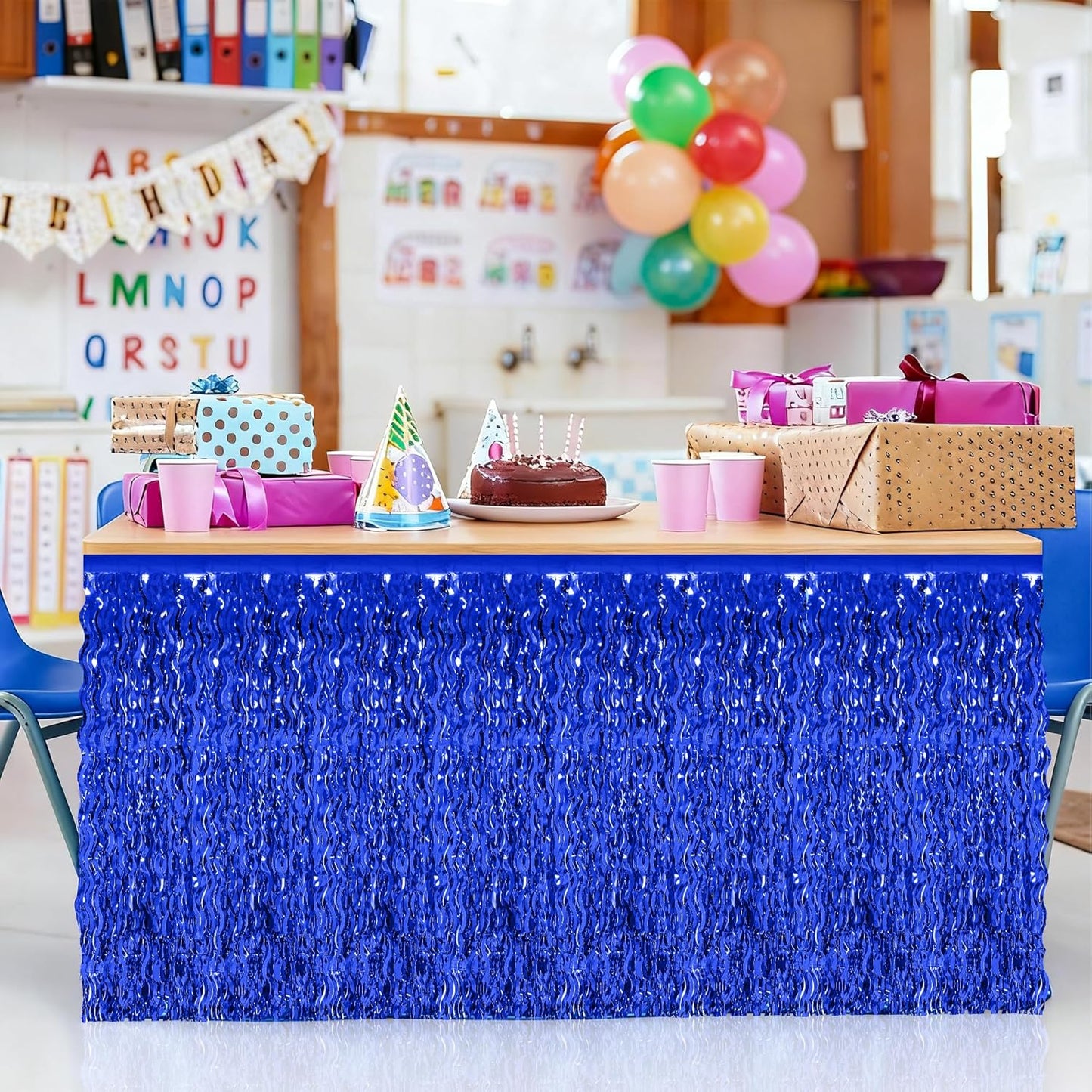 Navy Blue Table Skirt, 2 Pack Blue Foil Grass Table Skirt, Patriotic Metallic Wavy Tinsel Foil Fringe Table Skirts, Table Skirts for Birthday Graduations 4th of July Christmas Parade Party