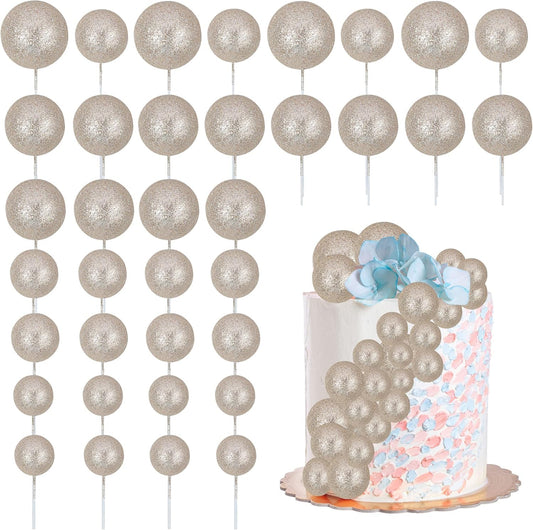 30Pcs Glitter Balls Cake Topper Mini Balloons Cake Toppers Foam Ball Cake Decorations Balloon Cake Topper Ball Shaped Cake Insert Topper Baby Shower Wedding Anniversary Party Supplies Champagne Gold