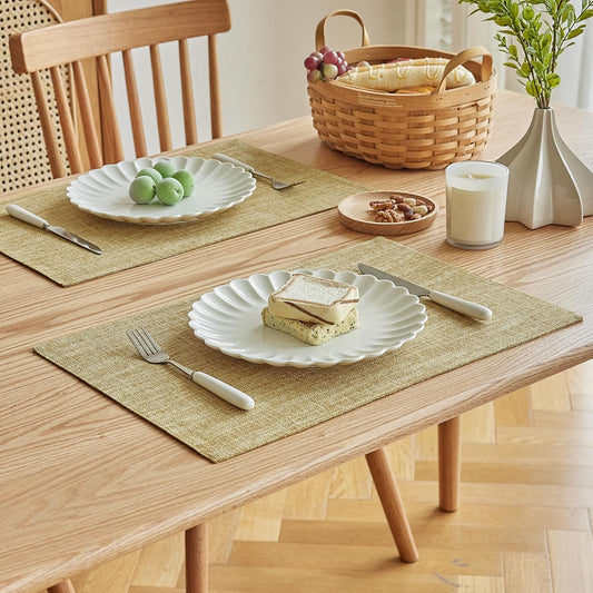 Softalker Faux Linen Placemats Set of 8-12 x 18 Inch, Heat Resistant Double Layered Durable Burlap Farmhouse Place Mats, Non-Slip Washable Rustic Table Mats for Dining, Kitchen, Party（Khaki
