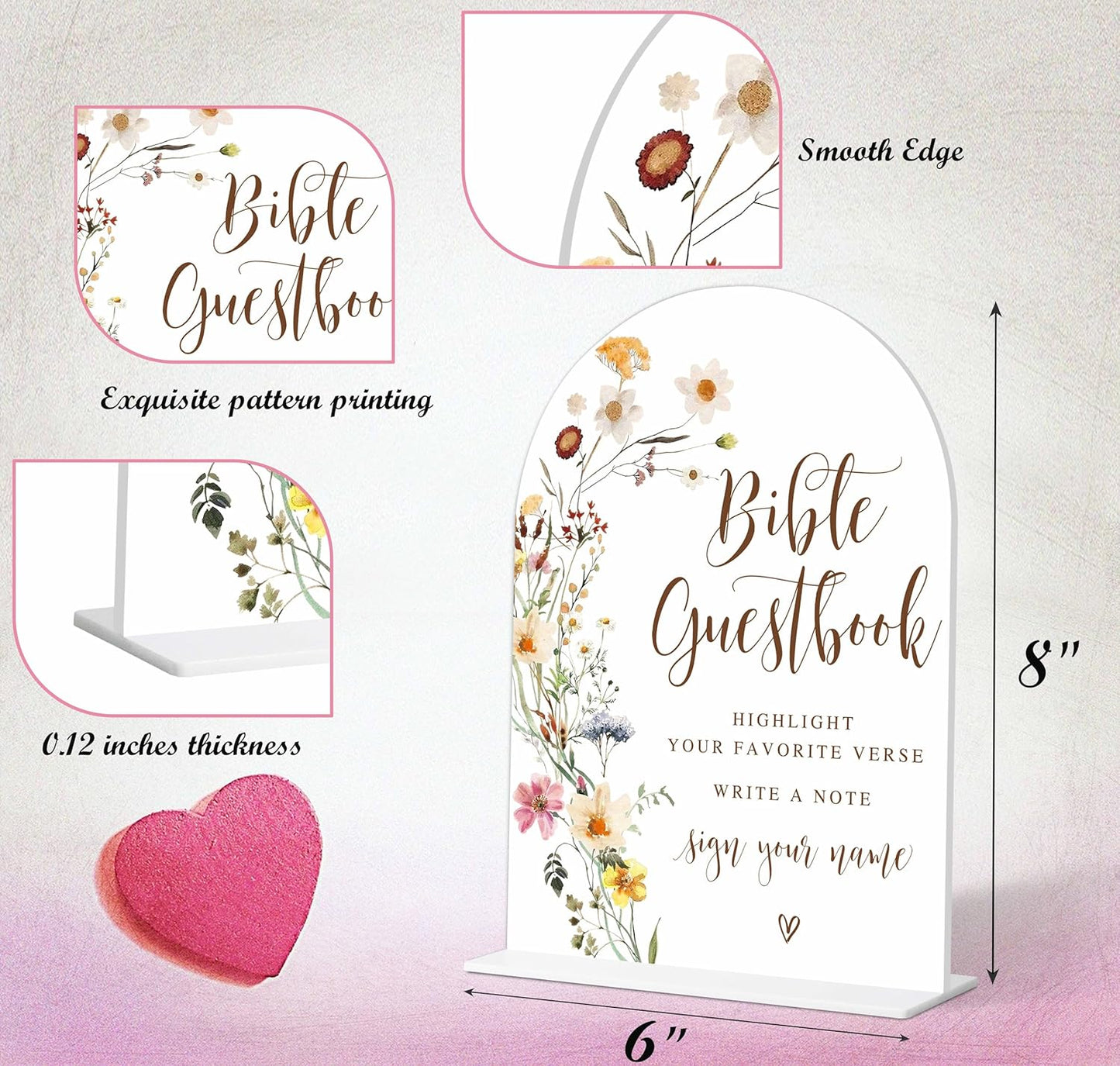 Wedding Bible Guest Book Sign, Flower Style Bridal Shower Signs for Engagement, Bridal Shower and Reception, Bridal Shower Decorations, Wedding Shower Favors, 6X8 Inch Acrylic Arch Sign with Stand,20