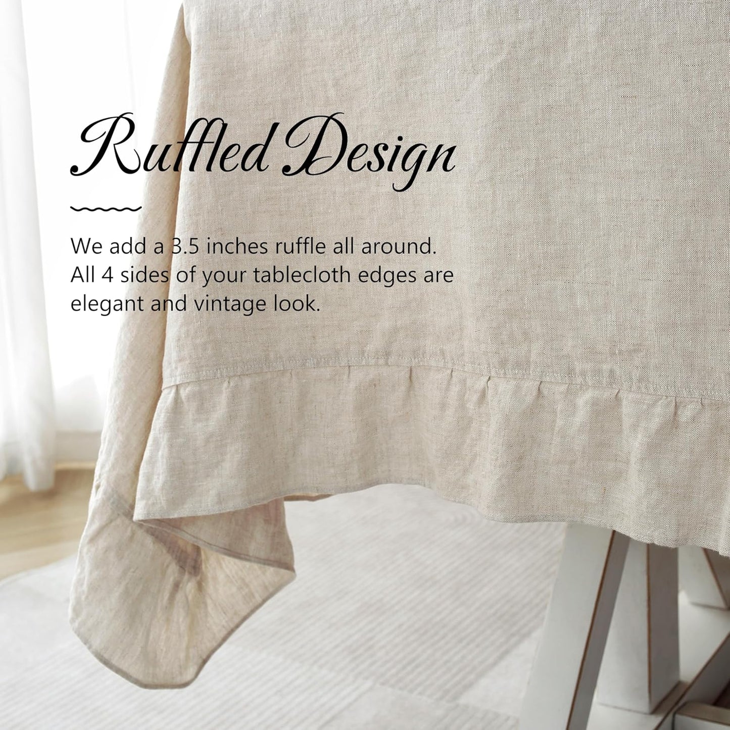 Linen World Ruffle Linen Tablecloth,100% French Linen Natural Tablecloth 90" x 60" Inch,Washable Rectangular Tablecloth for Dining,Outdoor,Weddings and Restaurants,Decorative Thanksgiving Christmas