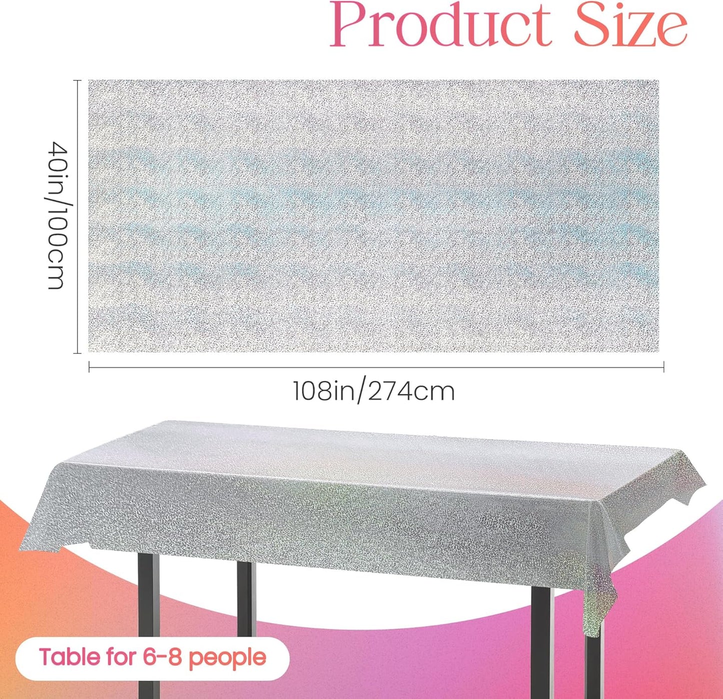 8 pcs Silver Holographic Tablecloths Shiny Disco Laser Table Cloths 40" x 108" Iridescence Plastic White Table Cover for Birthday Party Decoration Wedding Christmas Winter Grad Party Supplies