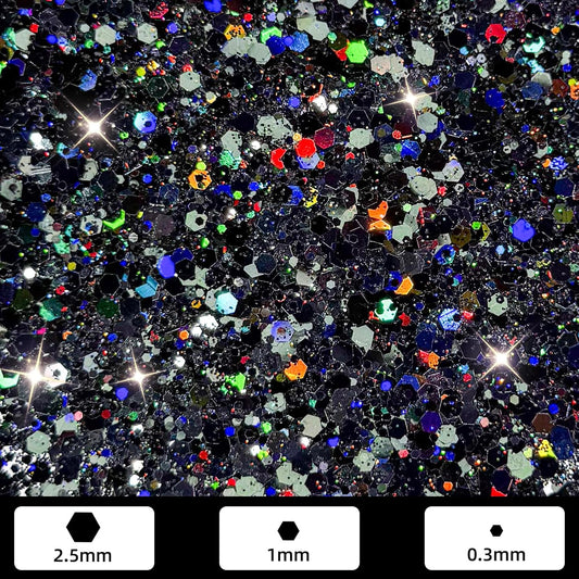 GlimmerLife Black Glitter, 150G/5.29OZ Glitter, Holographic Chunky Glitter, Craft Glitter for Resin, Epoxy Tumblers, Nail Art, Iridescent Metallic Sequin Flakes Bulk, Halloween Decorations