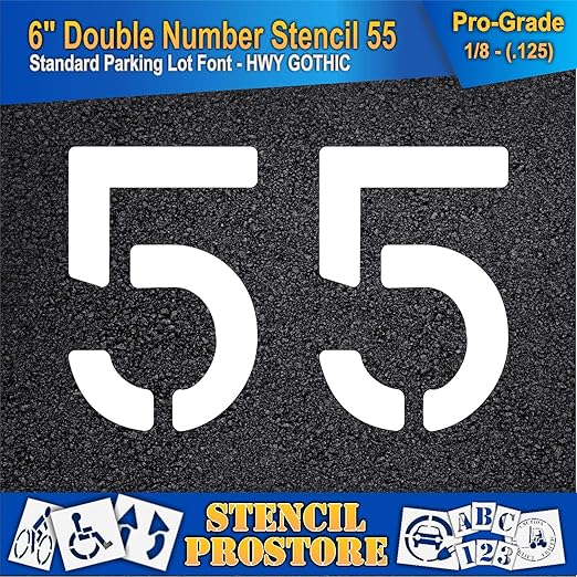 Pavement, Curb, and WheelStop Stencils - 6 inch Double Number Stencil - (55) - 6" x 9" x 1/8" (128 mil) - Pro-Grade