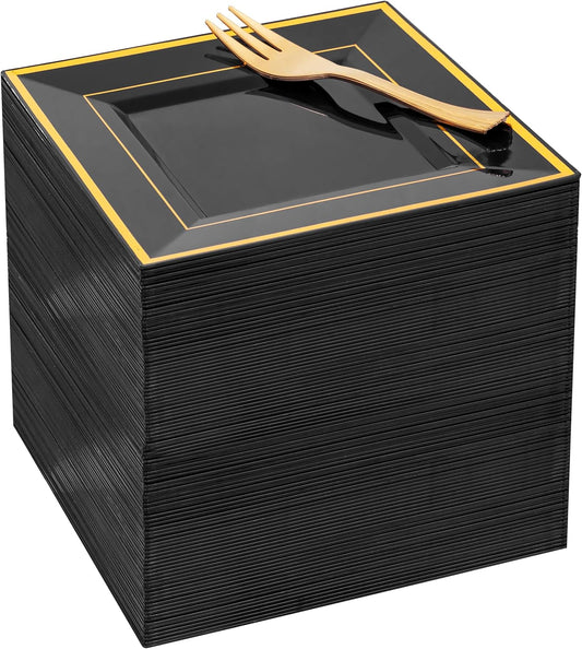 WDF 200PCS Black and Gold Plastic Dessert Plates with Plastic Forks -6’’ 100 Square Disposable Appetizer Plates Small Plate Cake Plate with Gold Rim for Halloween
