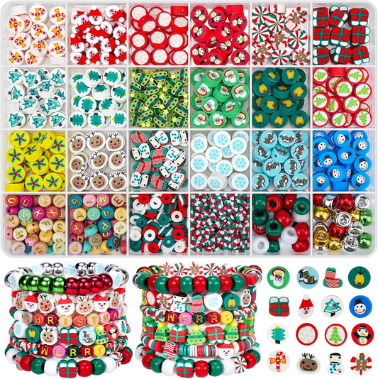 Gionlion Christmas Beads Bracelet Making Kit, 800 Pcs Polymer Clay Beads Jewelry Kit for Girls, Holiday DIY Craft with Christmas Crafts Charms, Perfect Stocking Stuffer for Kids