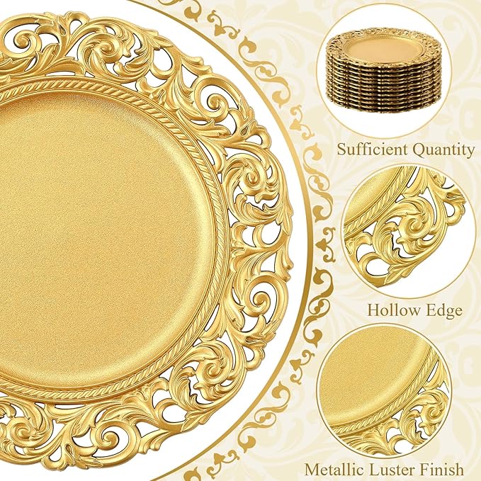12 Pcs Vintage Gold Charger Plates Bulk 13 Inch Embossed Rim Plastic Round Decorative Plates Charger for Dinner Wedding Party Event Table Setting Decoration (Hollowed out)