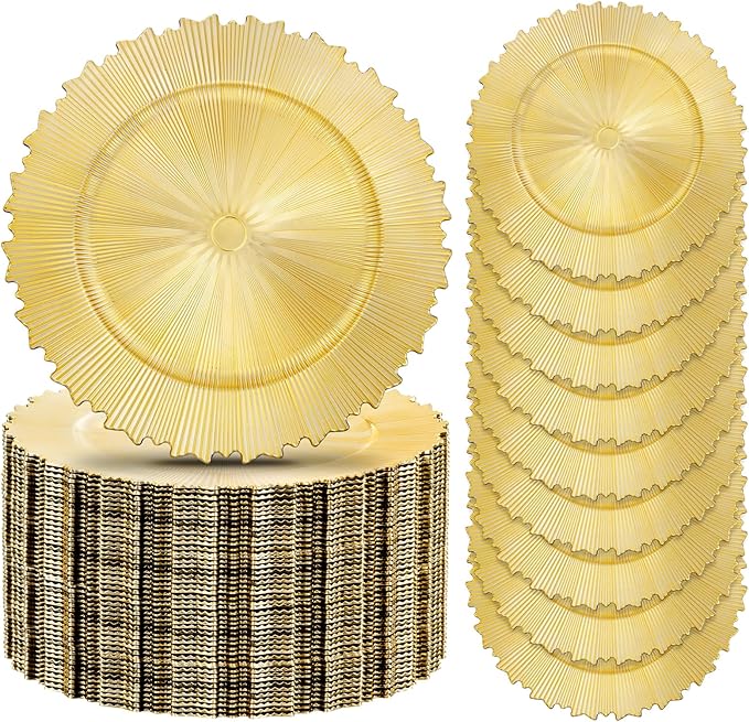 EI 20pcs Gold Charger Plates Bulk 13inch Plastic Chargers for Dinner Plate Disposable Golden Flash Reef Charger Plates Table Chargers for Family Party Wedding Birthday Afternoon Tea Decoration
