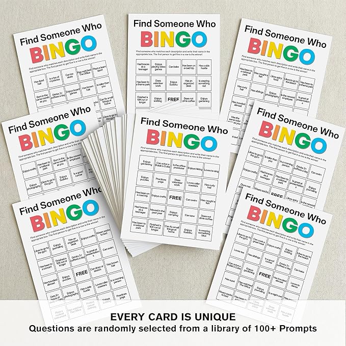 Sahjzk Office Bingo Cards, 25 Unique Randomized 5x7 Sheets, Get to Know You Bingo Game for Adults, Ice Breaker Office Party Games, Team Building Games for Work, High Replay Value - B003