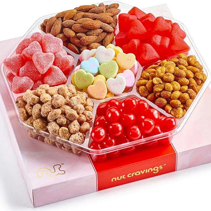 NUT CRAVINGS - Halloween Treats For Adults Mixed Nuts & Heart Candy Gift Basket in Red Gold Box (7 Assortments, 1 LB) Holiday Xmas Christmas Food Arrangement, Healthy Snack Care Package