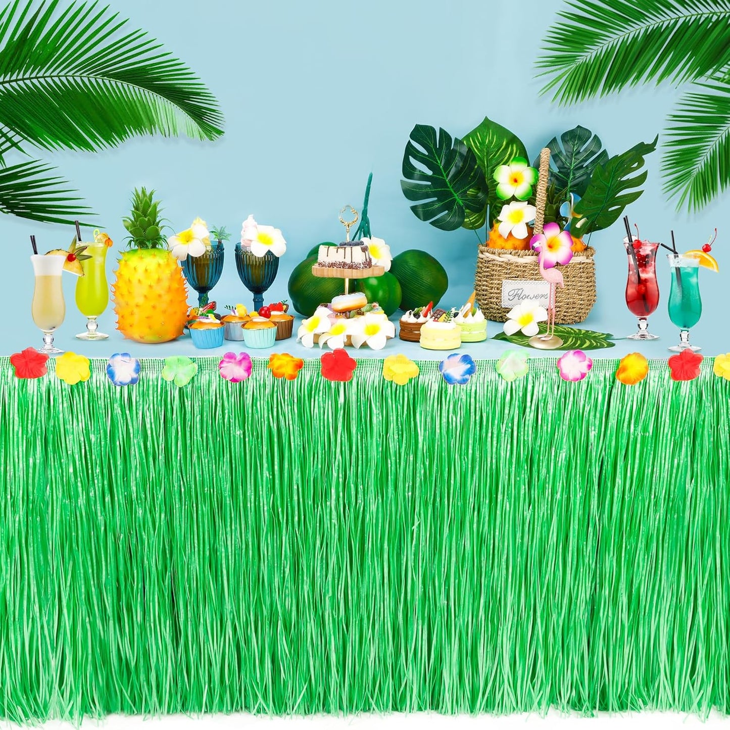 Hawaiian Party Table Decorations, 1PCS Green Luau Party Table Skirt Decorations, 108 X 29.5" Grass Skirts Luau Party Favors, Luau Table Skirt for Summer Tropical Hula Parties Decor Accessories